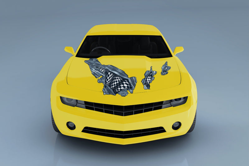 checkered flag racing decals on yellow camaro hood
